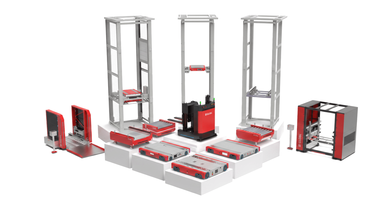 The PHS 4-Way Shuttle range in PHS red: shuttles, pallet lifts, transfer cars and a charging station