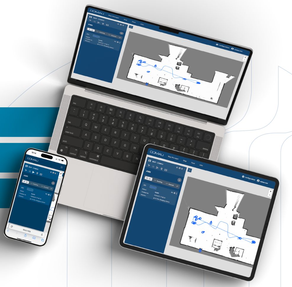 The fleet management screen open on a laptop, tablet and phone, showing live robot positions on a warehouse map