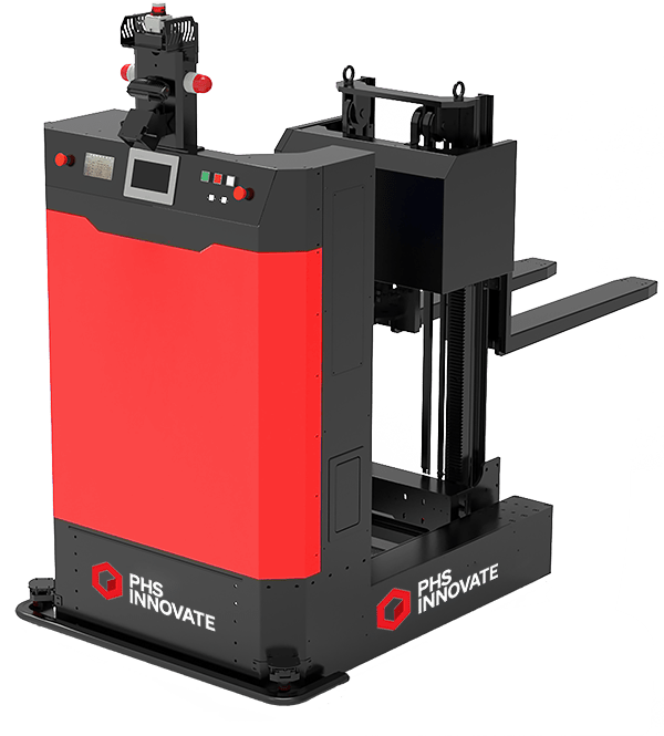 PHS Innovate driverless forklift with mast and forks for placing pallets into racking
